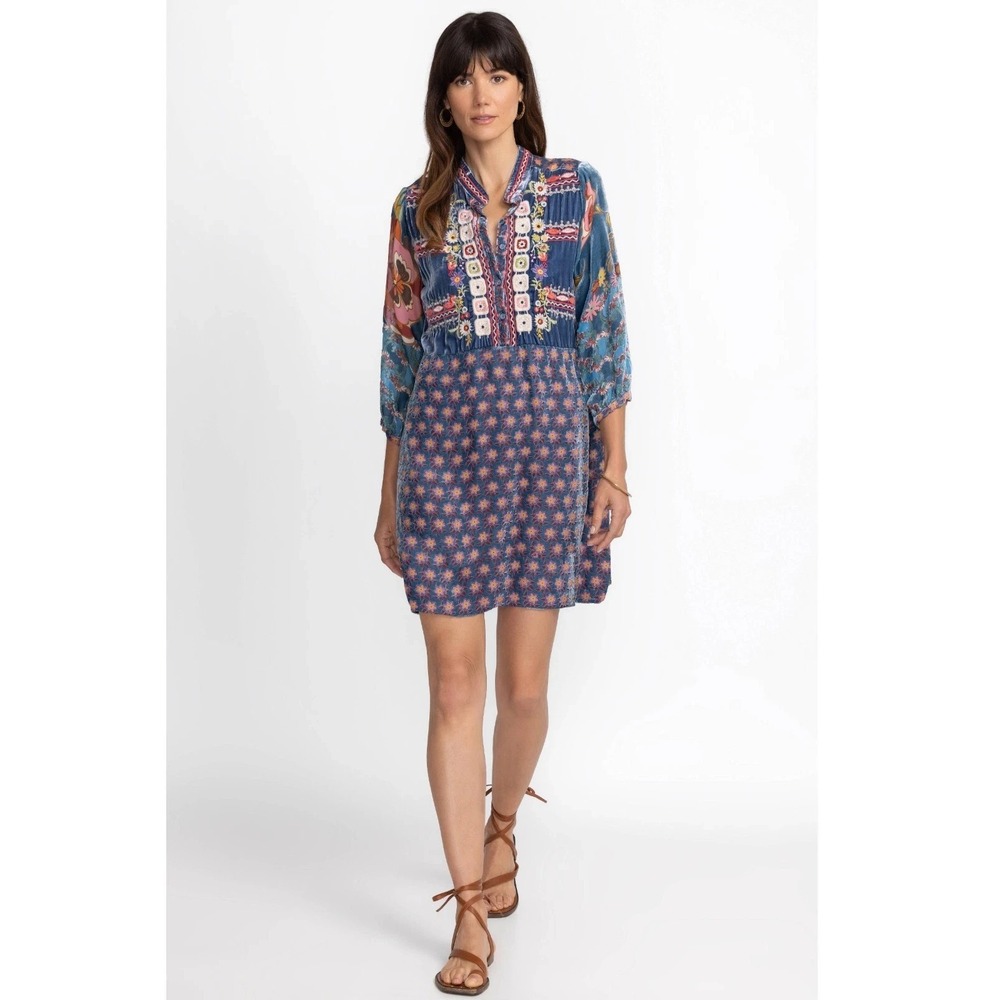 Johnny Was Dress Womens XL Blue Velvet Floral Embroidered Trapeze Boho Knee